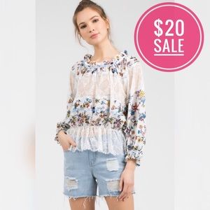 🔥SALE POL White Boho Floral & Lace Peplum Blouse Top